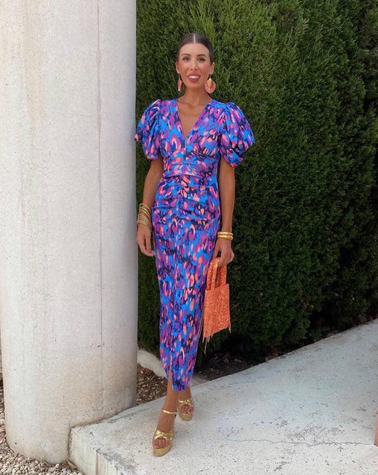 Midi Dress with Puff Sleeves - Vibrant Floral Print for Women