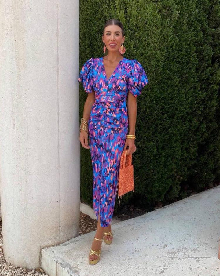 Midi Dress with Puff Sleeves - Vibrant Floral Print for Women