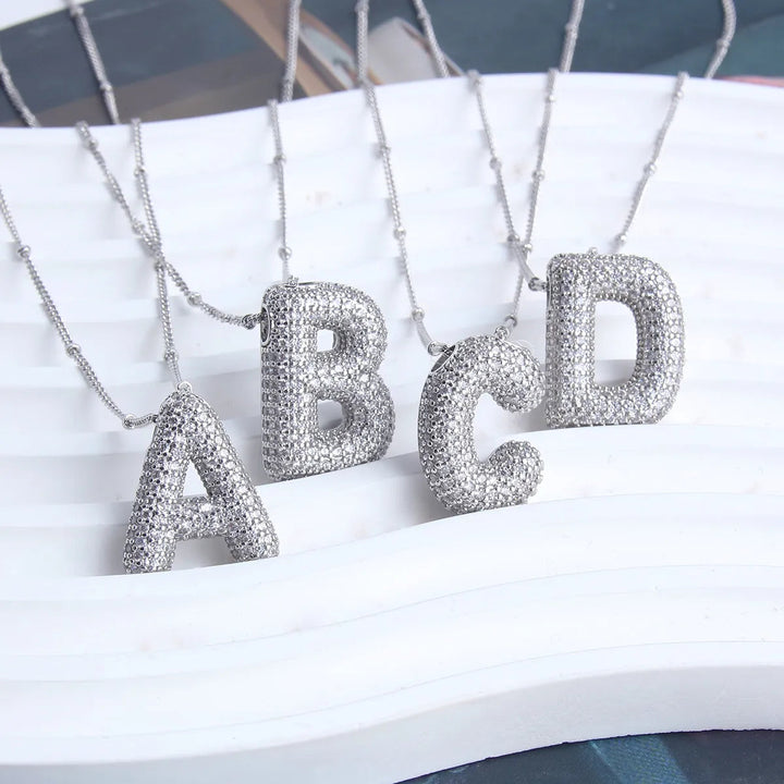 Initial Necklace Set White Gold - Personalized Bubble Letter Pendant