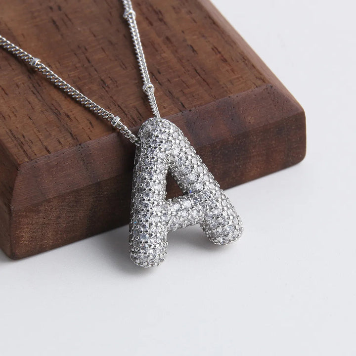 Initial Necklace Set White Gold - Personalized Bubble Letter Pendant