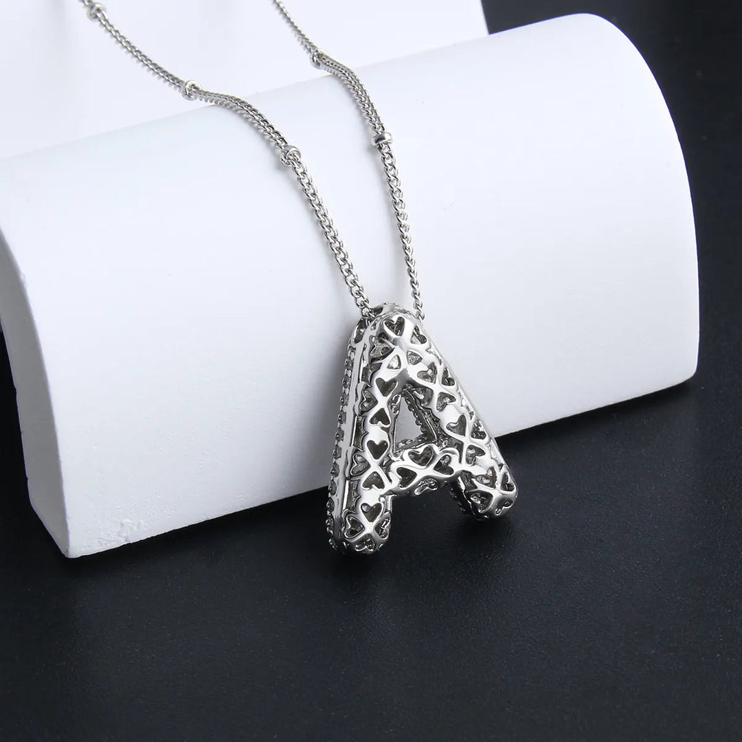 Initial Necklace Set White Gold - Personalized Bubble Letter Pendant