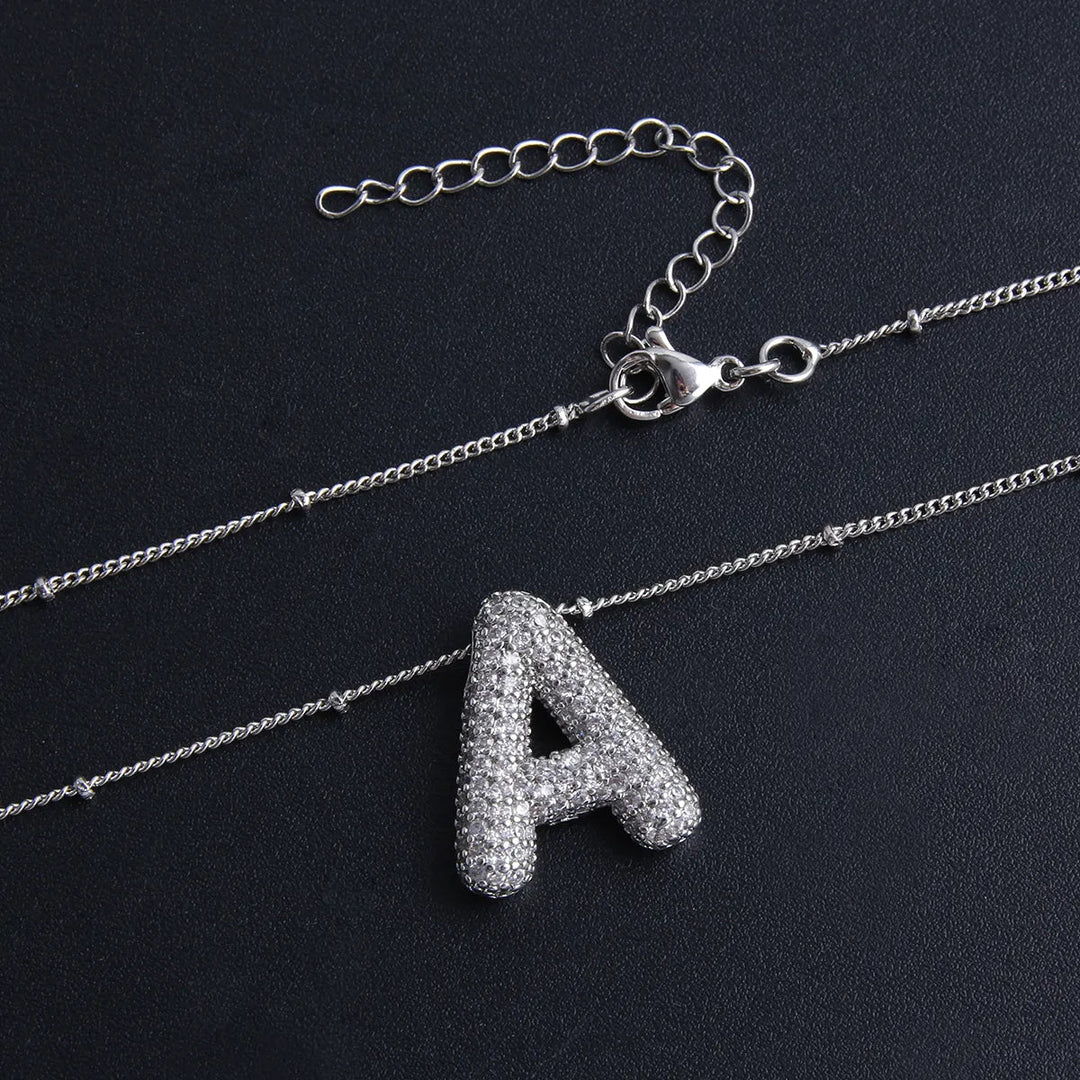 Initial Necklace Set White Gold - Personalized Bubble Letter Pendant