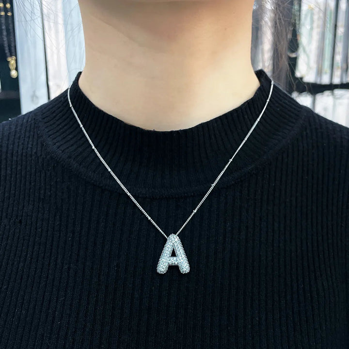 Initial Necklace Set White Gold - Personalized Bubble Letter Pendant