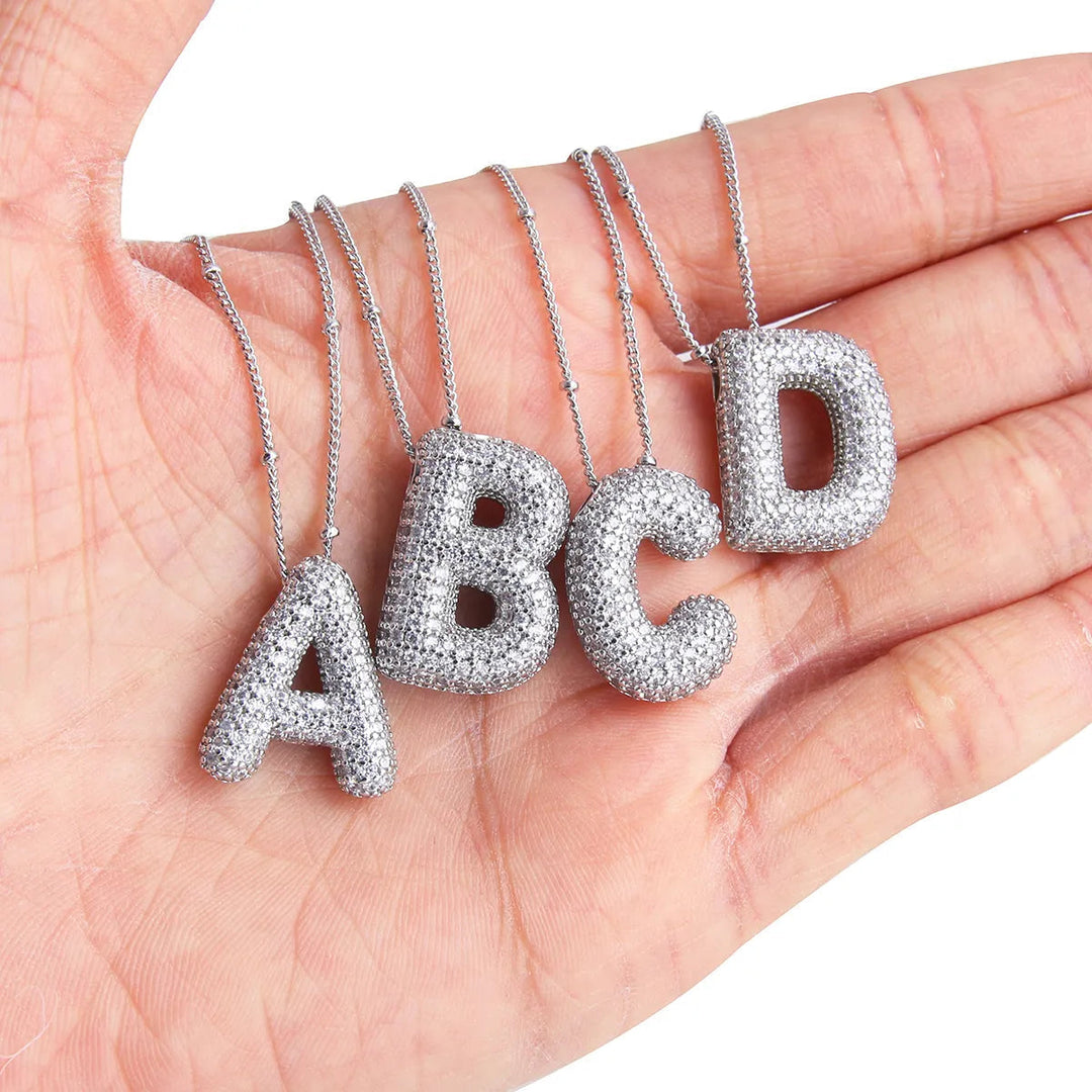 Initial Necklace Set White Gold - Personalized Bubble Letter Pendant