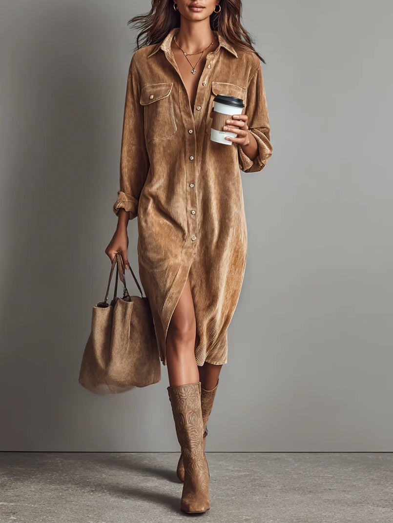 Corduroy Dress Women Long Sleeve Midi Dress