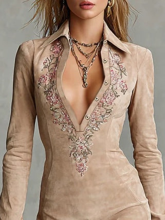 Floral Midi Dress with Suede Finish for Women