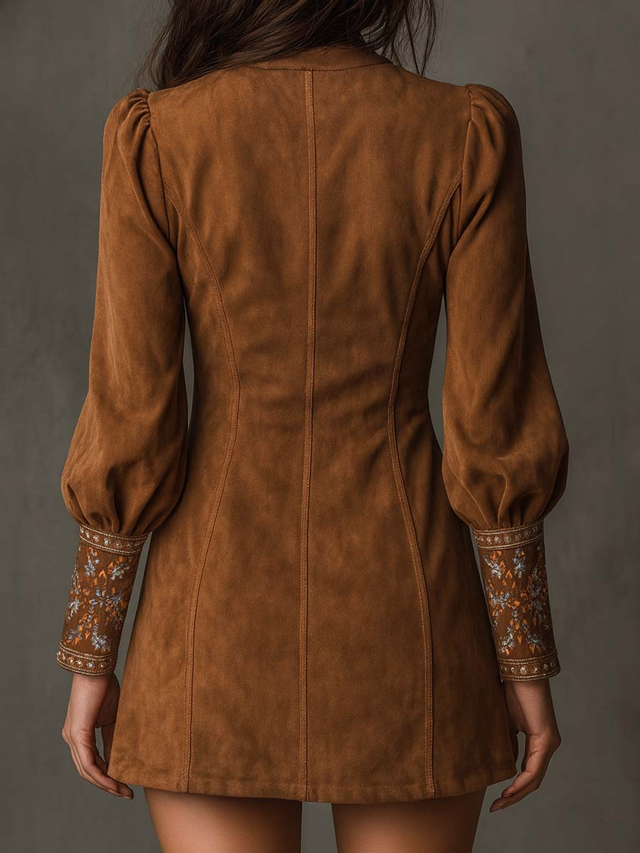Suede Midi Dress V-Neck in Vintage Brown