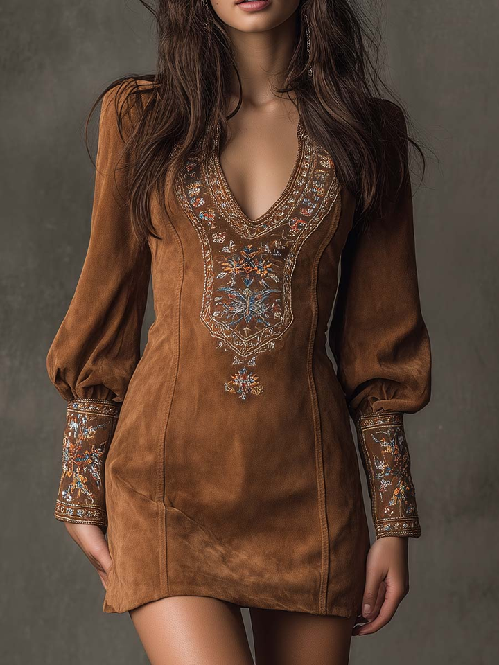 Suede Midi Dress V-Neck in Vintage Brown