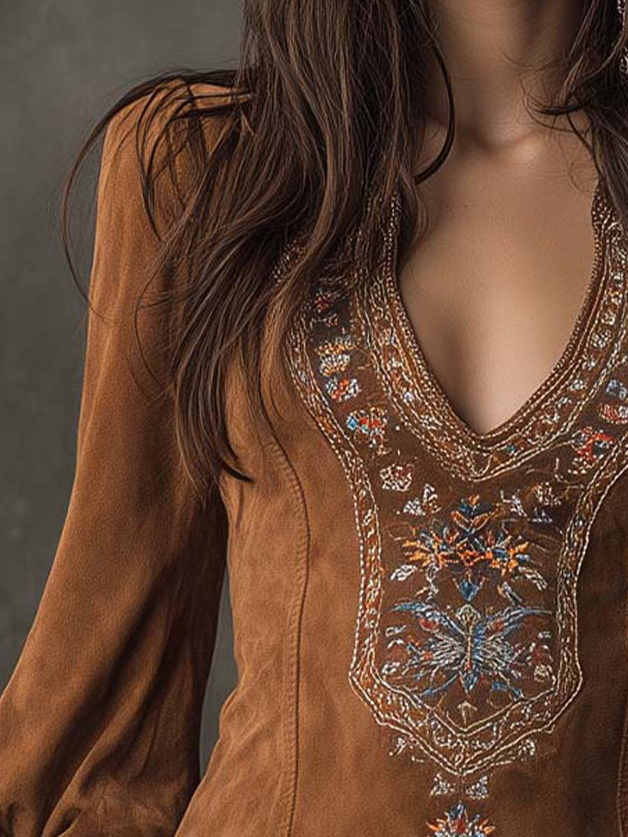 Suede Midi Dress V-Neck in Vintage Brown