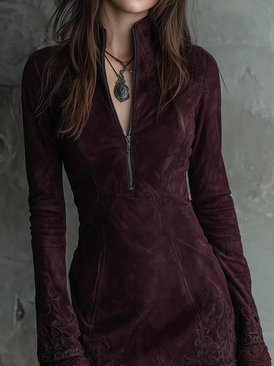 Vintage Suede Midi Dress | Bohemian Long Sleeve Dress