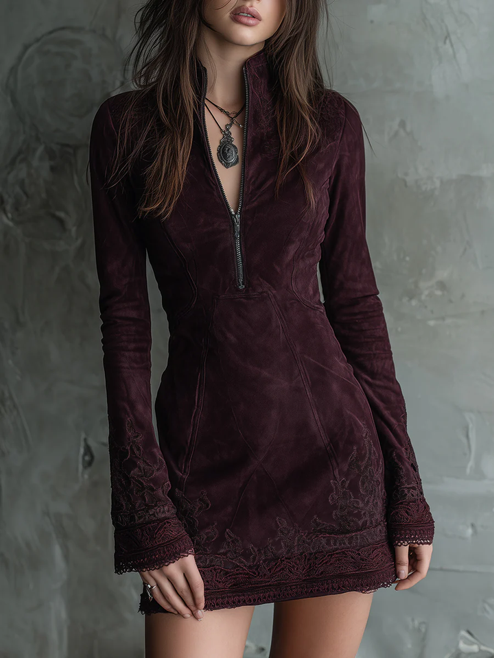Vintage Suede Midi Dress | Bohemian Long Sleeve Dress