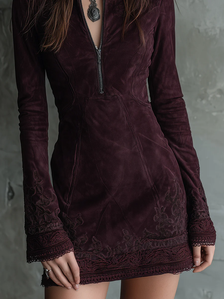 Vintage Suede Midi Dress - Bohemian Style for Women