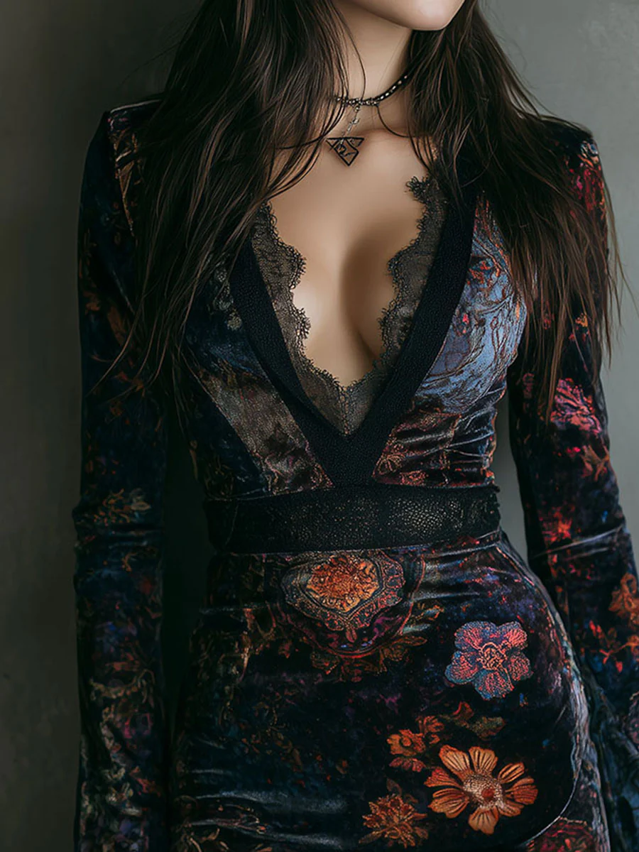 Velvet Lace Mini Dress with Floral Detail for Women