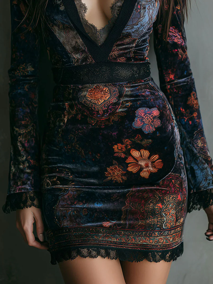 Velvet Lace Mini Dress with Floral Detail for Women