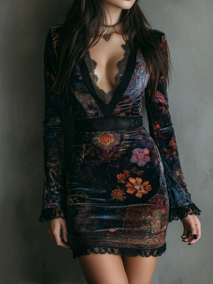 Velvet Lace Mini Dress with Floral Detail for Women