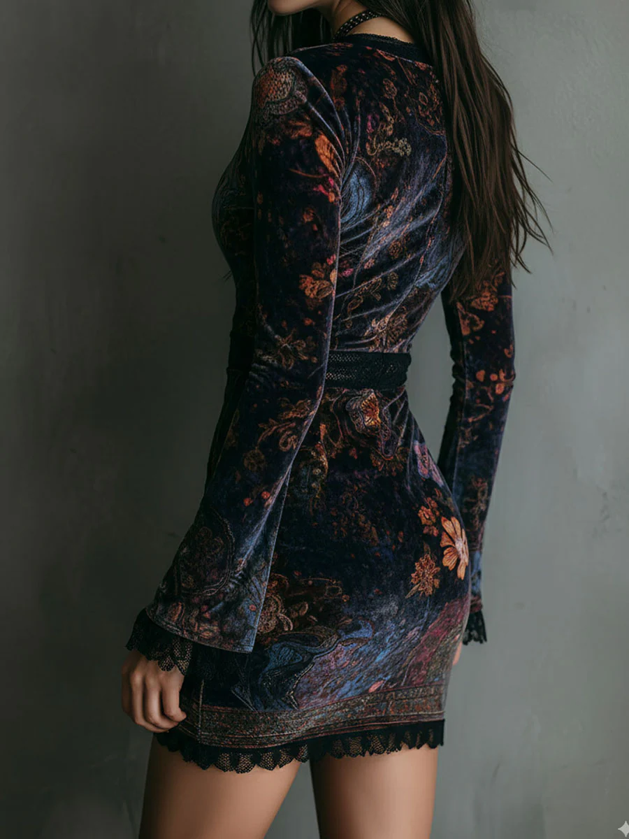 Velvet Lace Mini Dress with Floral Detail for Women