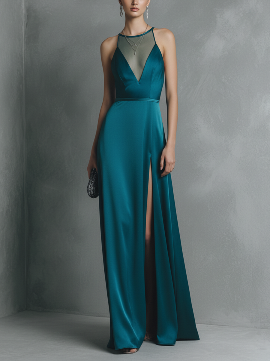 Satin Maxi Dress with High Slit and Illusion Halter Neckline