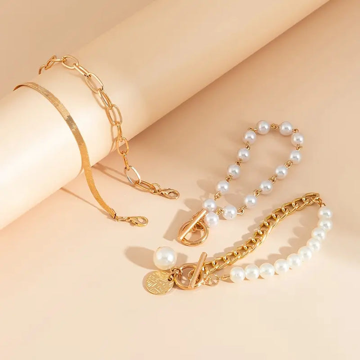Gold Bracelet Set - Layered 4 Piece Snake Pearl Link Stack