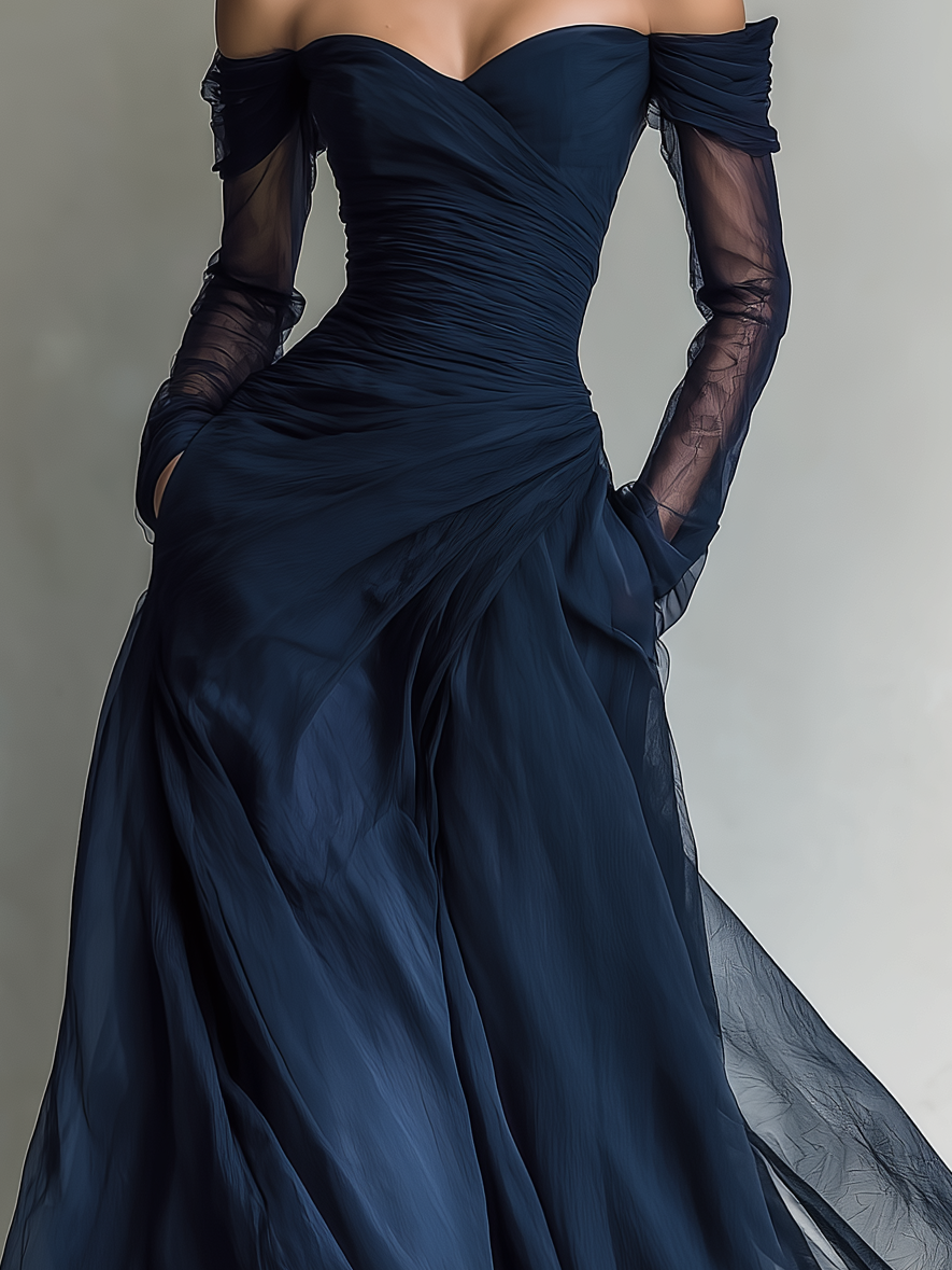 Off Shoulder Maxi Dress in Dark Blue Chiffon for Special Occasions