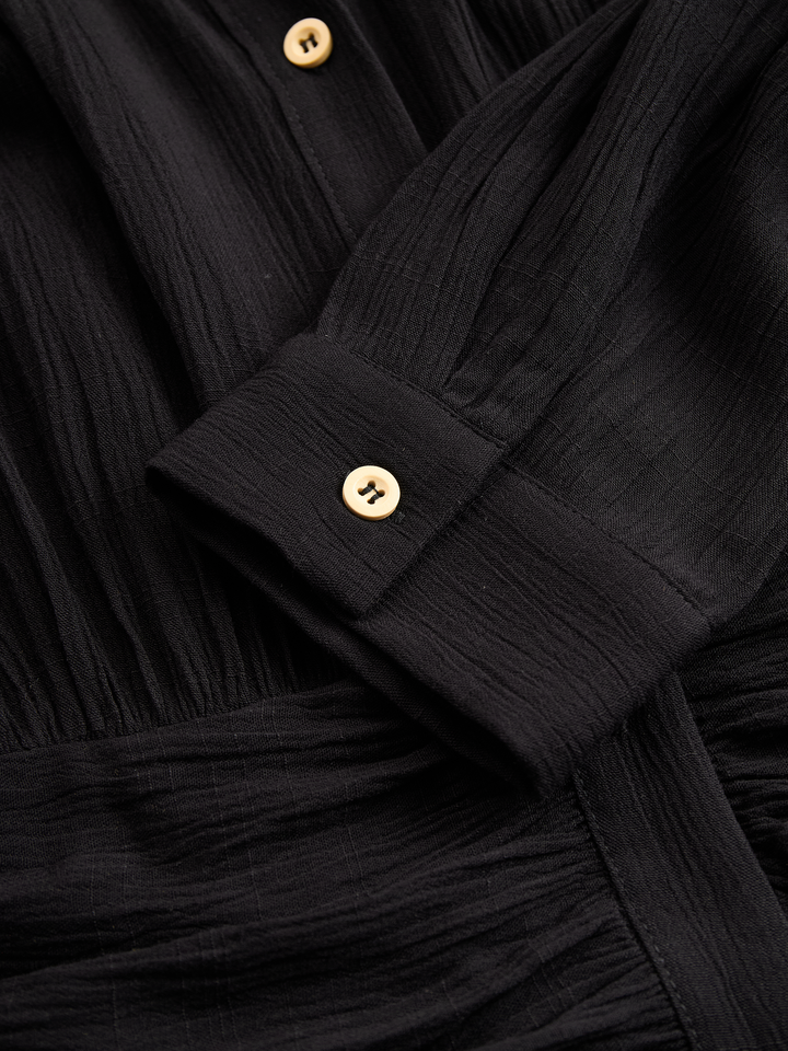 Long Sleeve Maxi Dress with Button Front and Pleated Detail