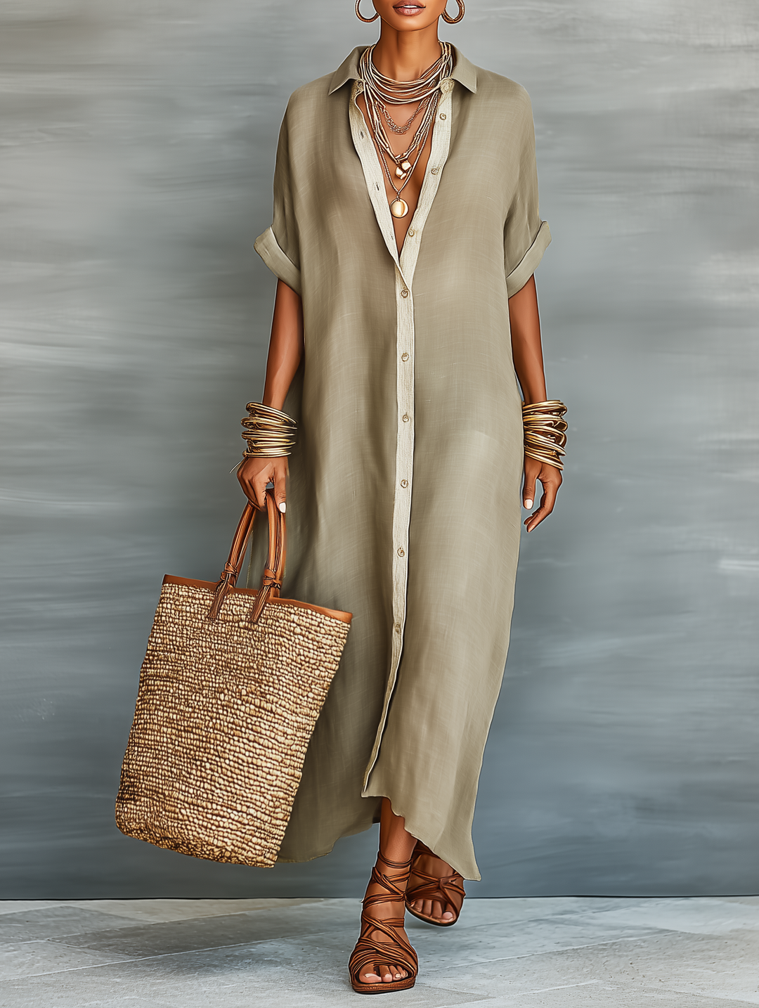 Linen Maxi Dress Short Sleeve Shirt Dress for Women