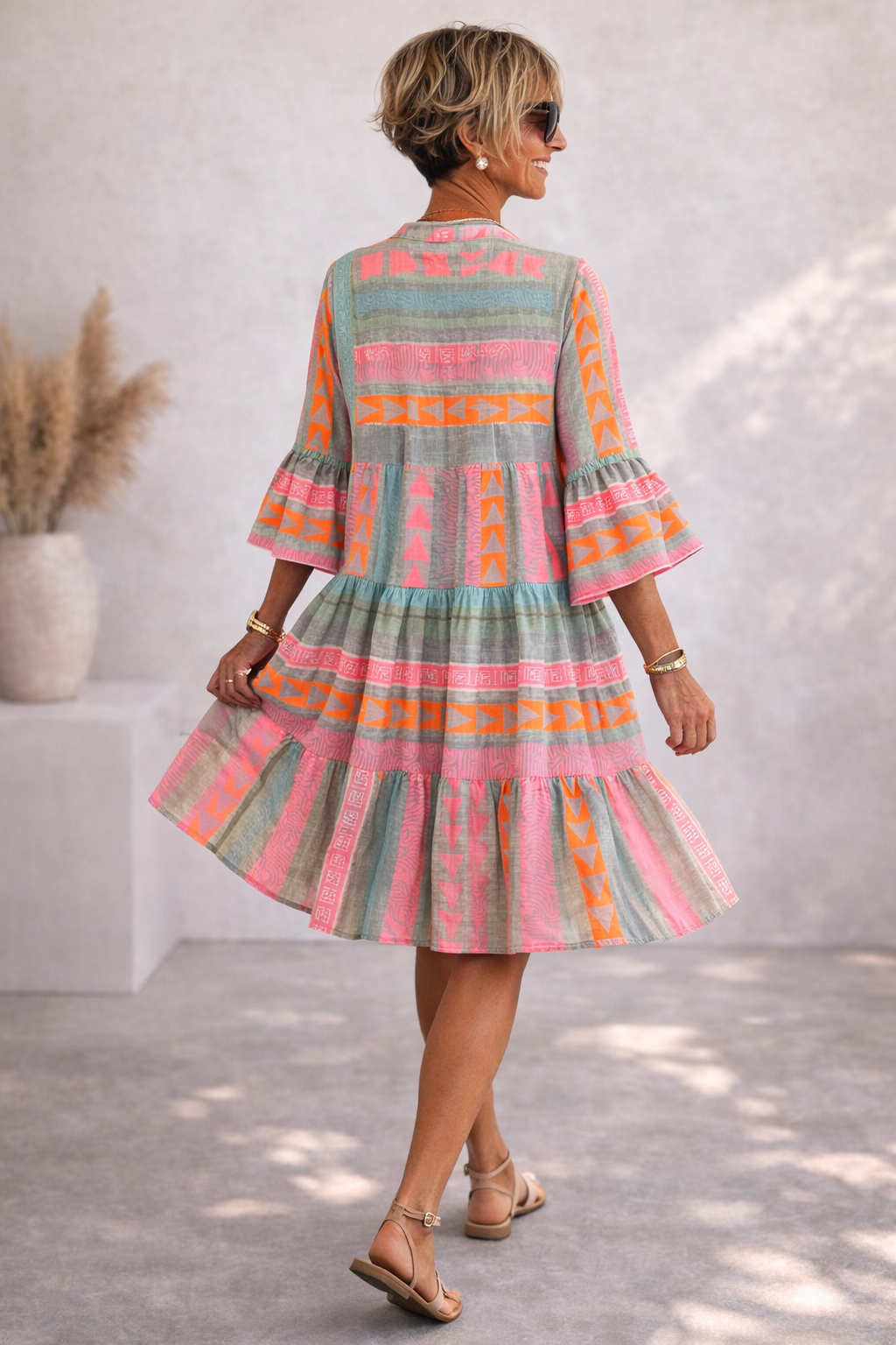 Midi Dress with Geometric Print - Flowy Relaxed Fit