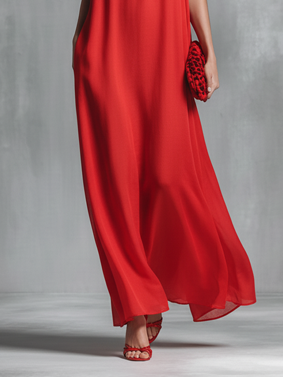 Red Chiffon Maxi Dress V-Neck Spaghetti Strap