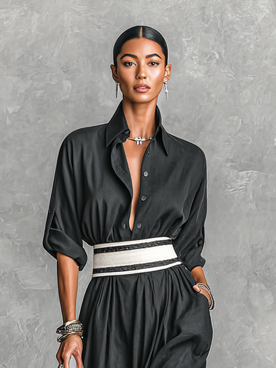 Long Sleeve Maxi Dress with Button Front and Waist Detail