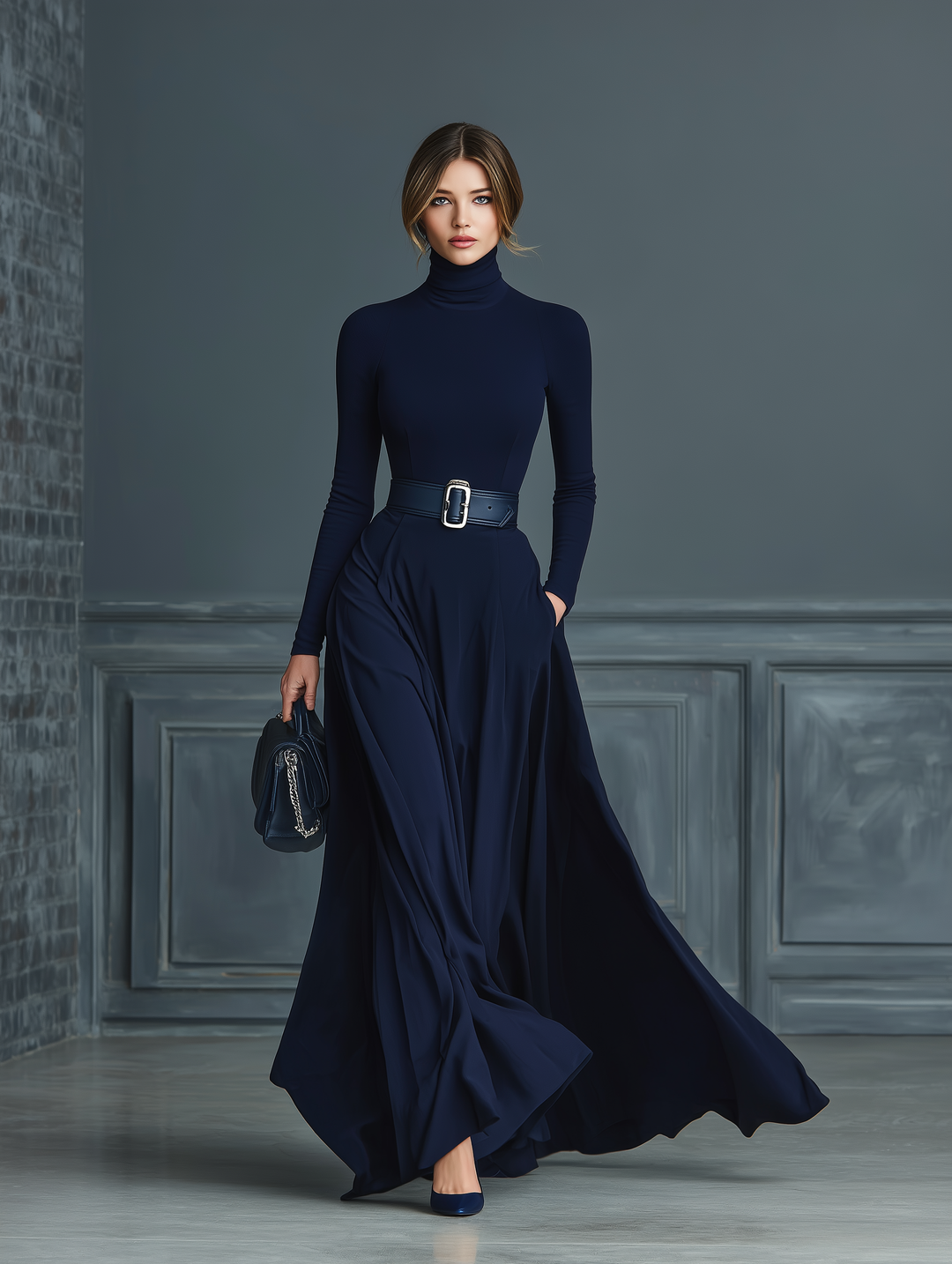 Knitted Maxi Dress High Neck Long Sleeve Dark Blue