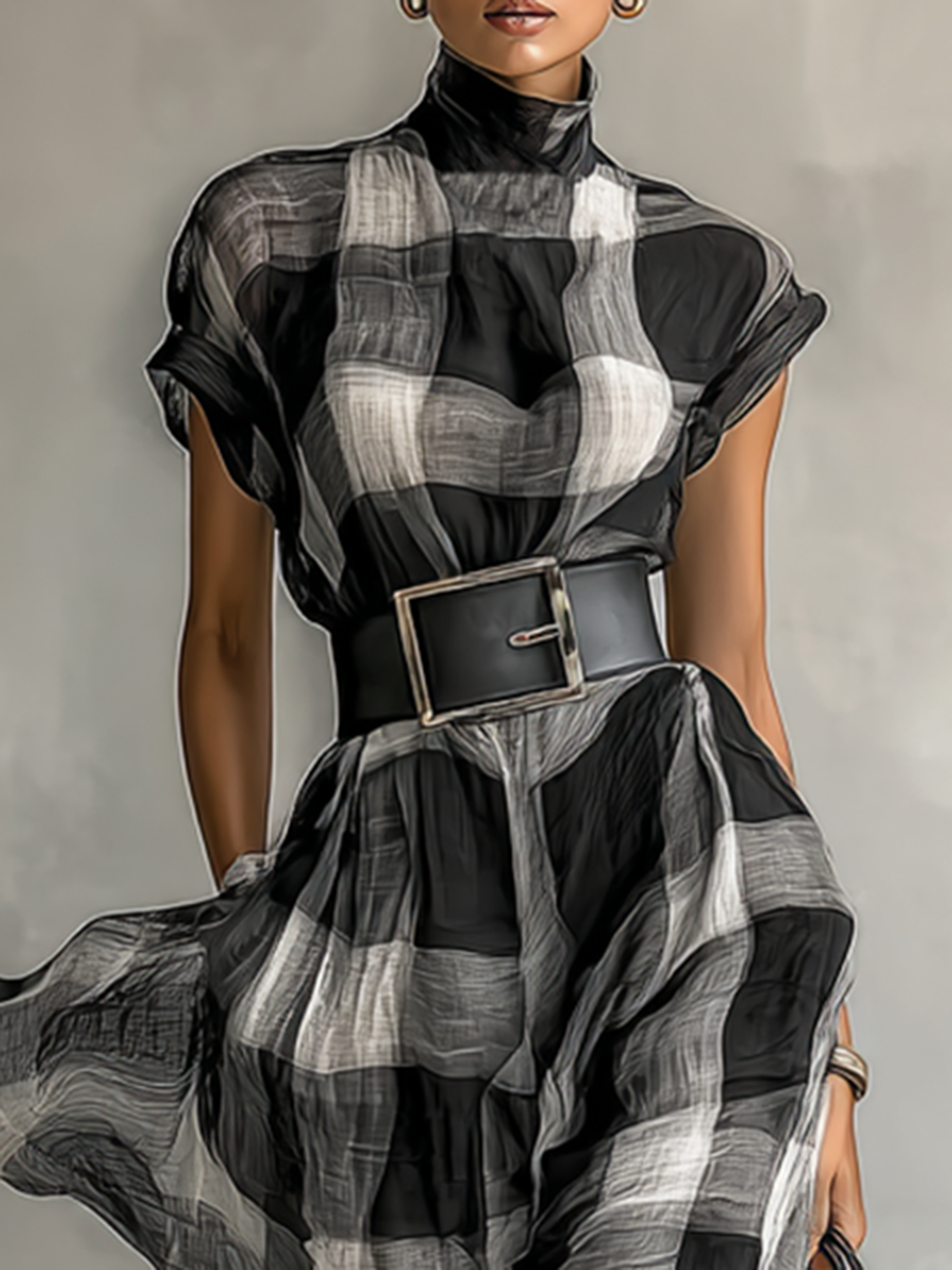 Plaid Maxi Dress with Belt for Women - High Collar Cotton Blend