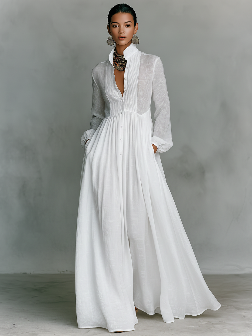 Linen Maxi Dress Long Sleeve with Patchwork Stand Collar