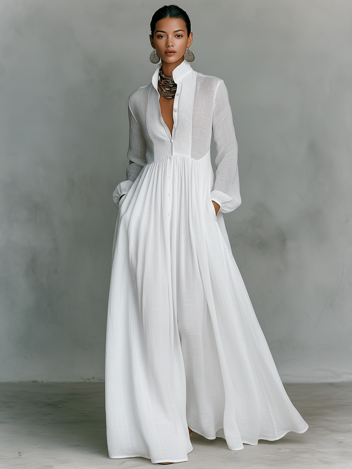 Linen Maxi Dress Long Sleeve with Patchwork Stand Collar