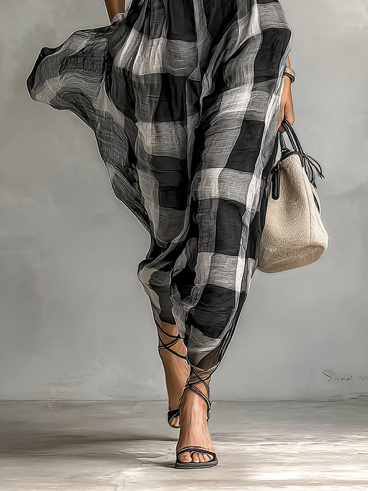 Plaid Maxi Dress with Belt for Women - High Collar Cotton Blend