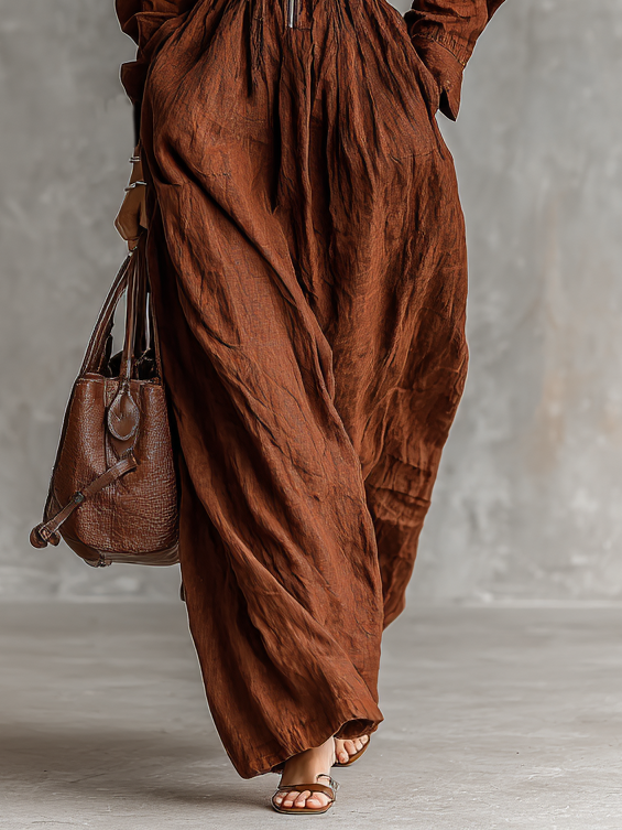 Cotton Linen Maxi Dress With Elastic Waist And Collar Detail