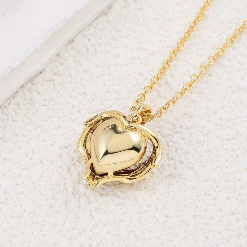 Heart Pendant Necklace Gold | Romantic Ruby Red Accent Jewelry