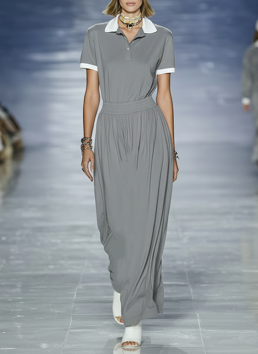 Casual Maxi Dress with Polo Collar and Short Sleeves
