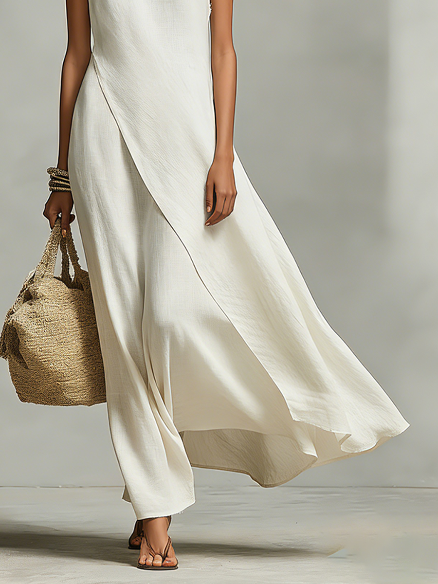 Linen Maxi Dress Women Sleeveless Ivory Asymmetric Hem