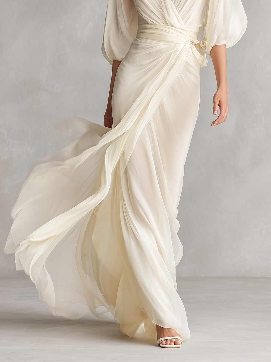 Ivory Chiffon Maxi Dress with Puff Sleeves and Wrap Detail