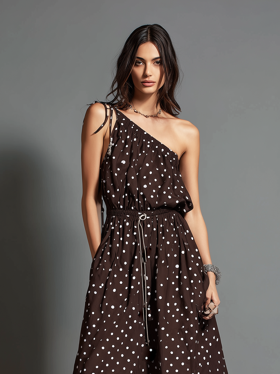Off Shoulder Maxi Dress - Brown Polka Dot Summer Dress