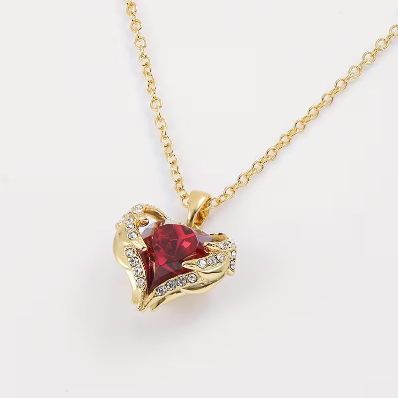 Heart Pendant Necklace Gold | Romantic Ruby Red Accent Jewelry