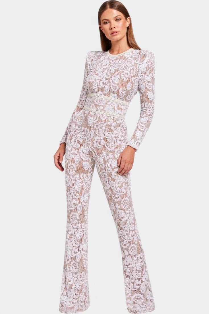 Sequined Lace Jumpsuit with Corset Belt for Evening Events