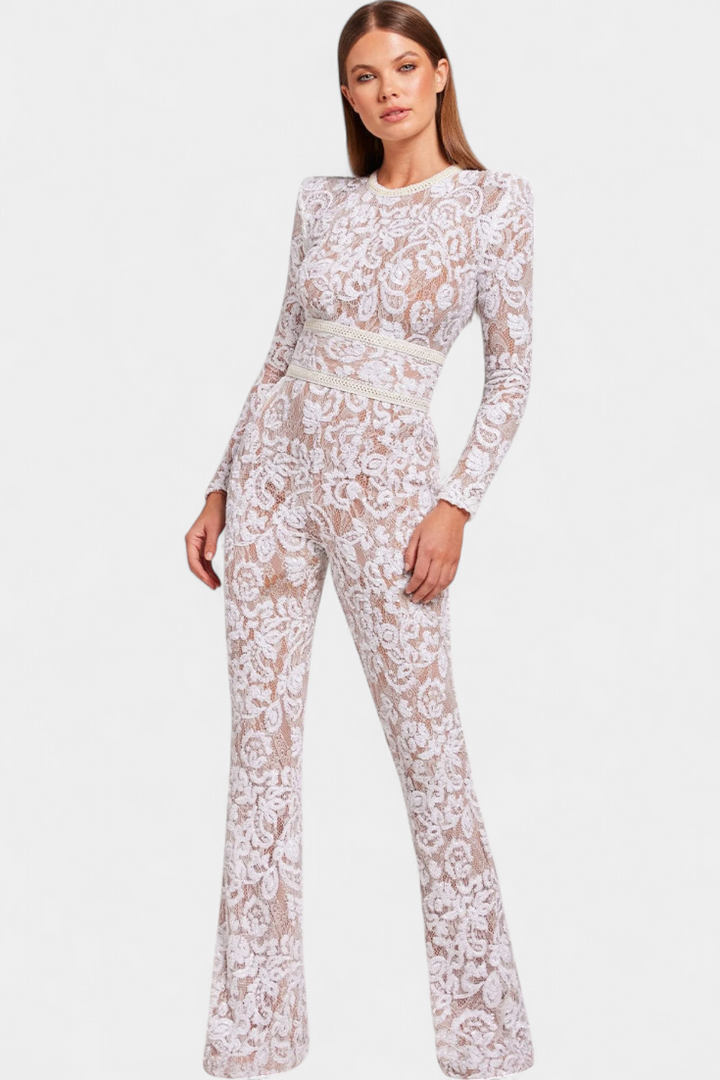 Sequined Lace Jumpsuit with Corset Belt for Evening Events
