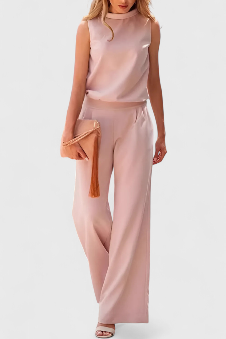 Wide Leg Jumpsuit for Women with Round Neck - Elegant Fluid Style
