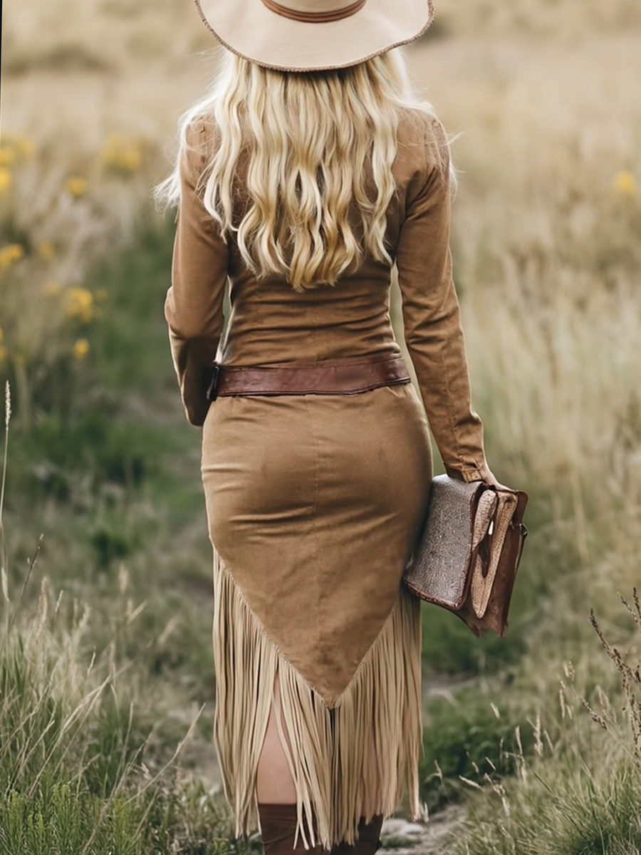 Suede Fringe Dress | Western Inspired Bohemian Midi
