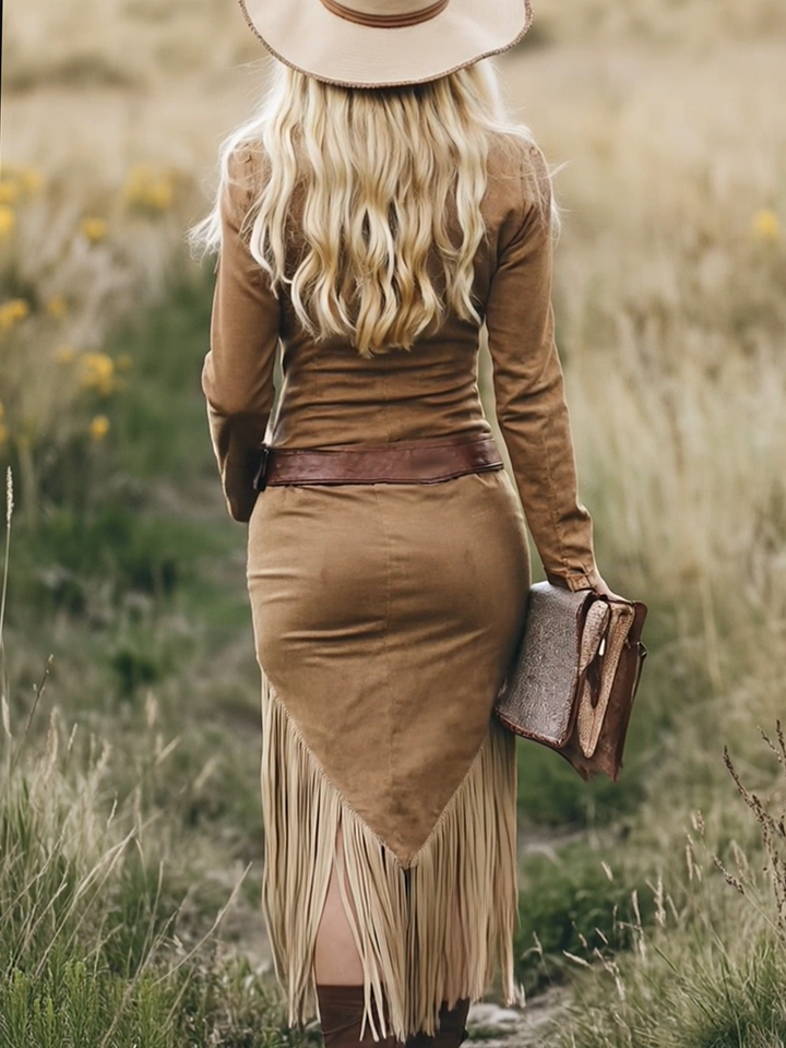 Suede Fringe Dress | Western Inspired Bohemian Midi