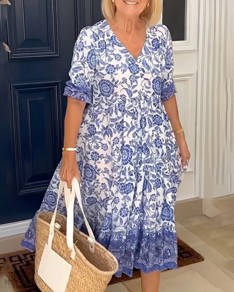 Floral V-Neck Dress for Women | Elegant Midi Dress
