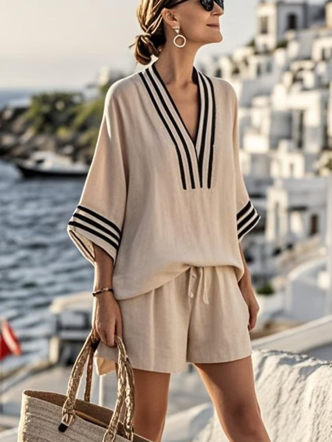 Coastal Linen Set - Striped V-Neck Top & Drawstring Shorts