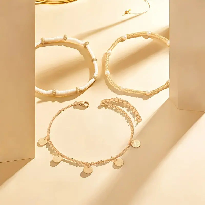 Gold Layered Anklet Set - 3 Piece Coastal Beach Ankle Bracelets