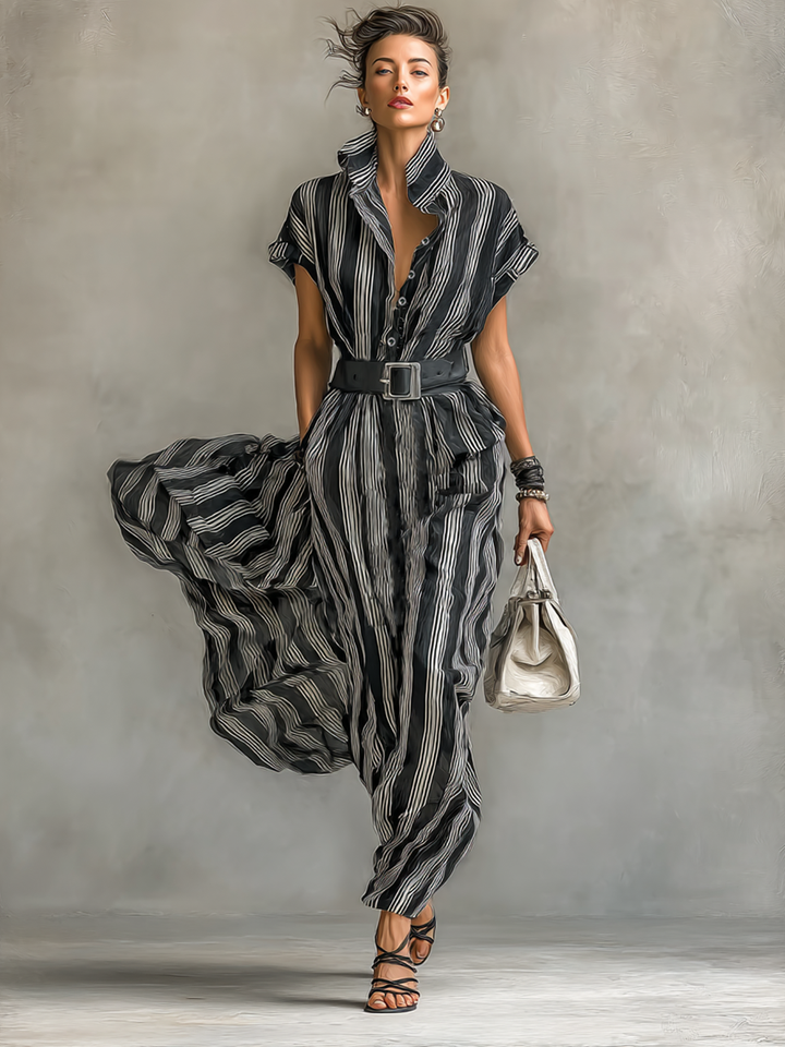 Striped Maxi Dress with Collar and Short Sleeves