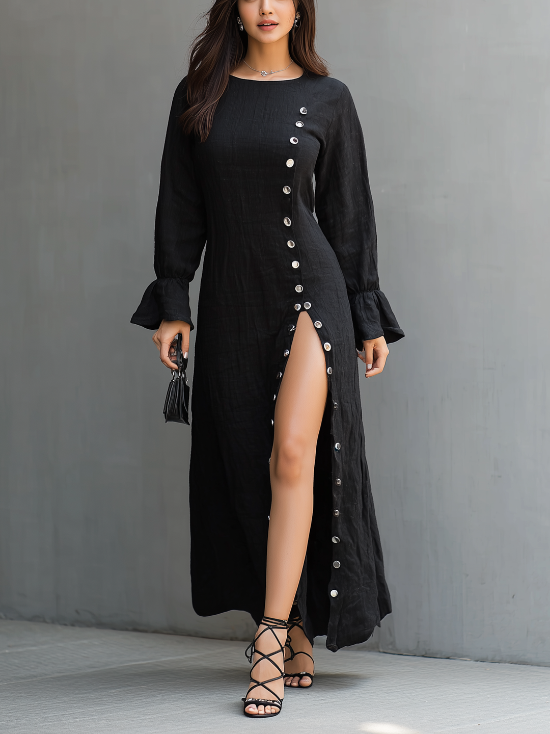Black Linen Maxi Dress Long Sleeve with Side Slit
